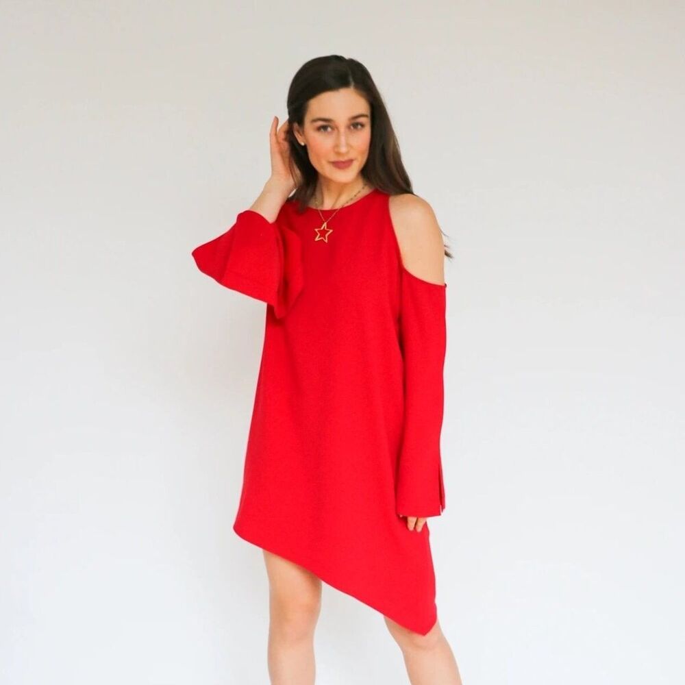 IRO Crew Cutout Mini Dress Red Awati Asymmetrical Open Shoulder Womens 10 FR 42
